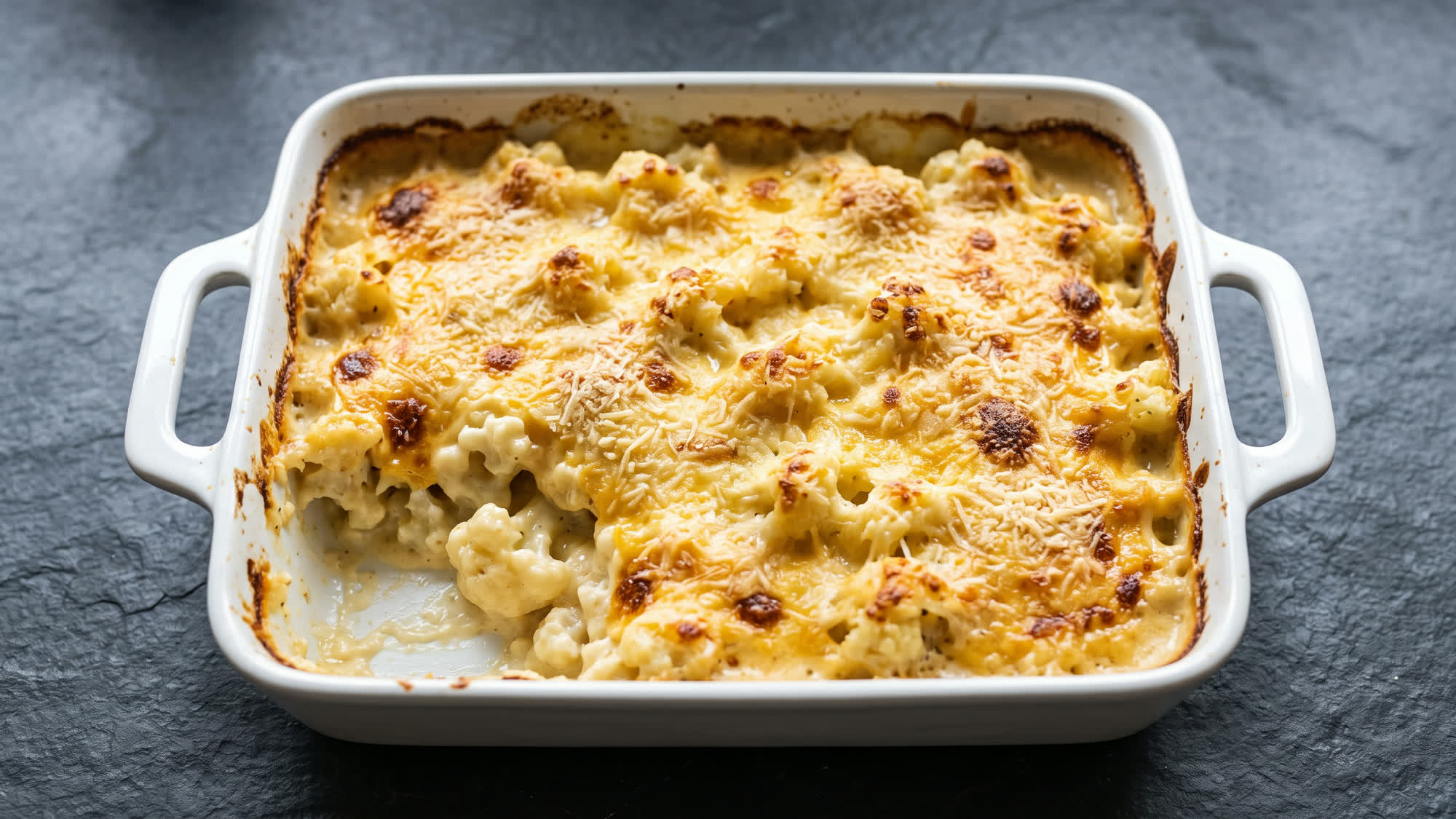 Blumenkohlröschen in heller Käse-Sahne-Soße, mit geriebenem Parmesan goldbraun überbacken, in einer weißen rechteckigen Auflaufform mit zwei Griffen auf dunklem Schiefer; eine Ecke ist ausgestochen und zeigt die Röschen in der Soße