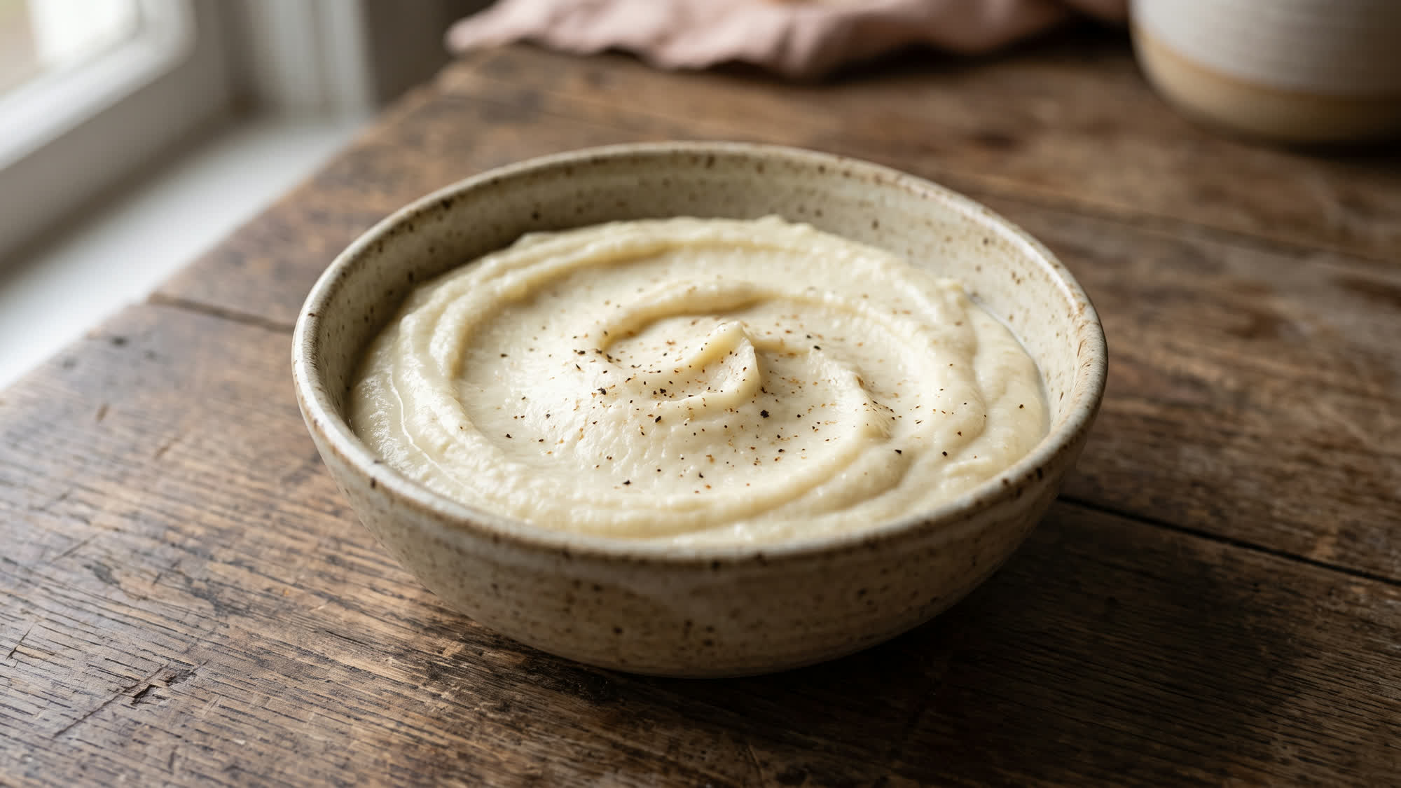 Helles, cremiges Blumenkohlpüree mit geschwungener Oberfläche in einer gesprenkelten Keramikschale auf einem Holztisch, obenauf etwas Pfeffer und Muskat