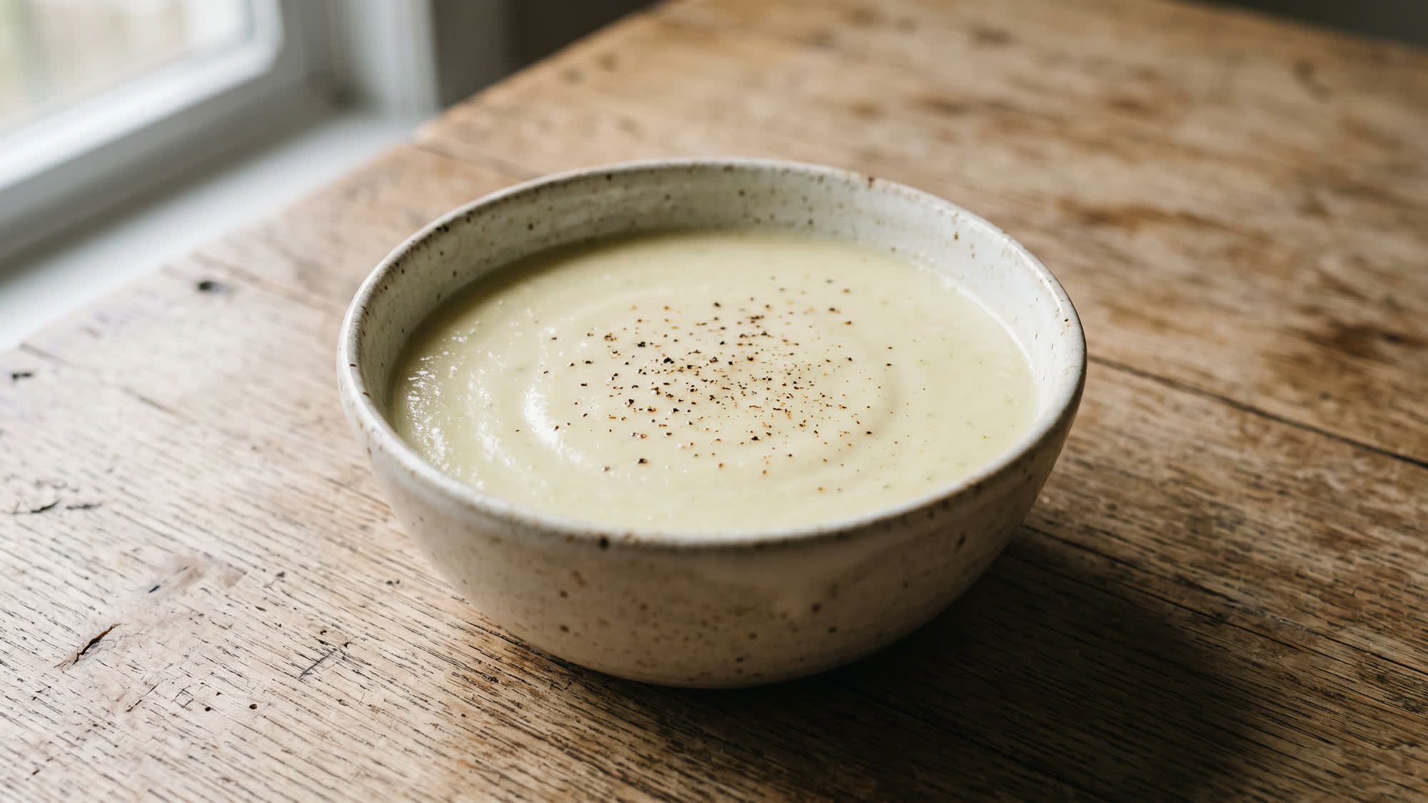 Helle, fein pürierte Blumenkohlsuppe in einer gesprenkelten Keramikschale auf einem Holztisch, obenauf etwas Pfeffer und Muskat