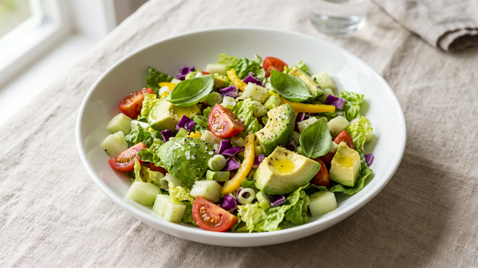 Weiße Schale mit Romanasalat, Gurkenstücken, geviertelten Cherrytomaten, Avocadostücken, Rotkohlwürfeln, gelben Paprikastreifen und Frühlingszwiebelringen, obenauf einige Basilikumblätter