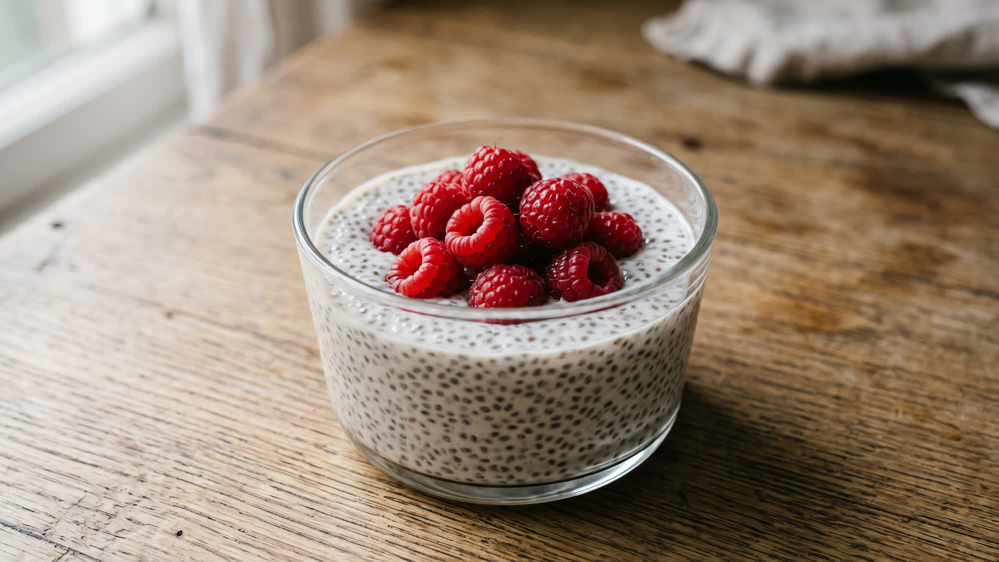 Chia-Pudding in einer runden Glasschale auf einem Holztisch: helle, dichte Creme mit vielen dunklen Chiasamen, obenauf ein Häufchen frischer Himbeeren