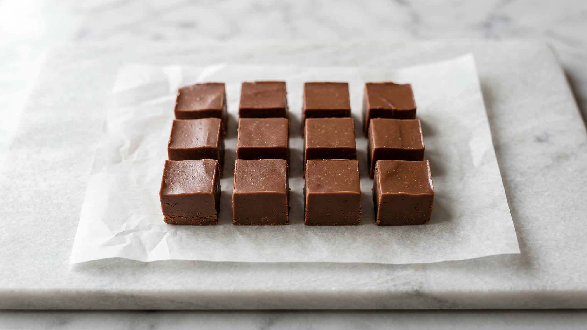 Zwölf kleine, gleichmäßig braune Würfel aus Schoko-Erdnussbutter-Fudge mit glatten Schnittkanten, in drei Reihen auf Backpapier, auf einem hellgrauen Marmorbrett