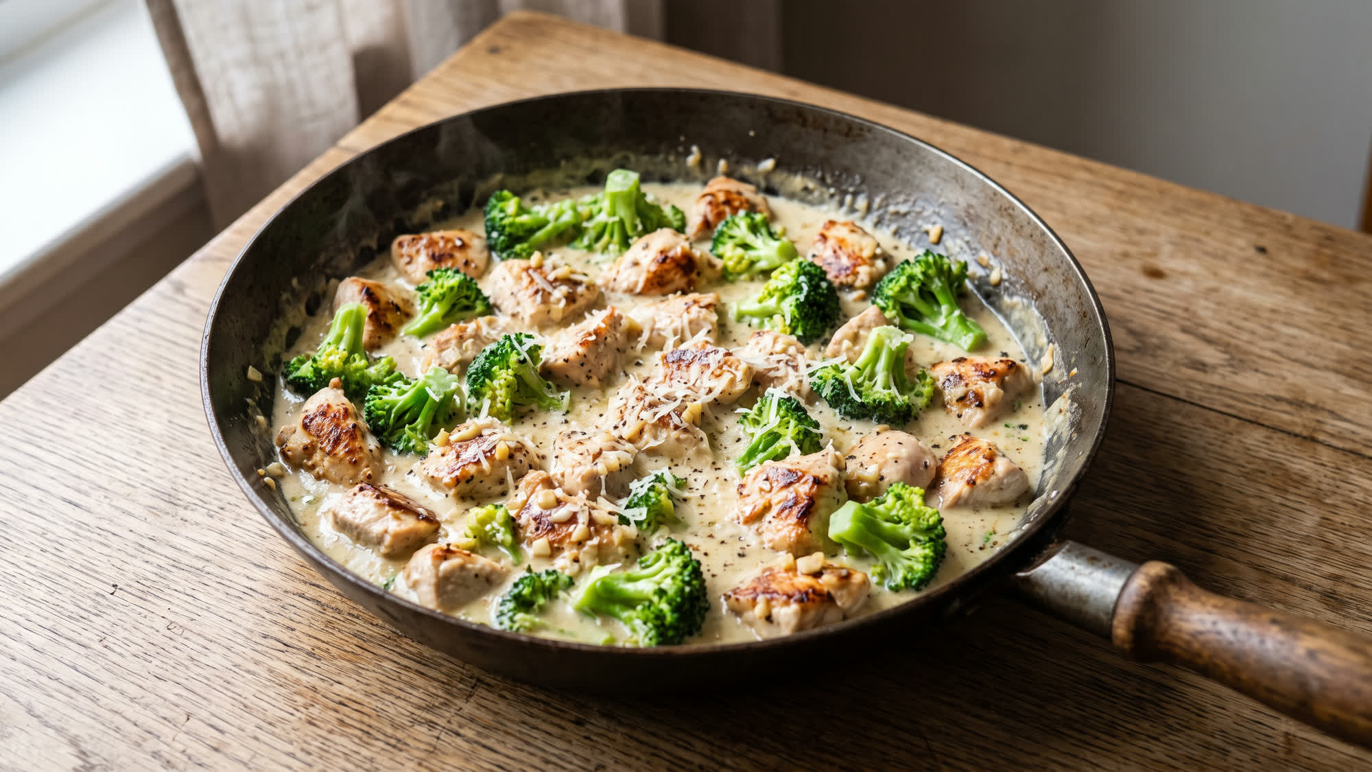 Dunkle Pfanne mit goldbraun angebratenen Hähnchenstücken und Brokkoliröschen in heller Sahnesoße, obenauf geriebener Parmesan, Knoblauch und Pfeffer