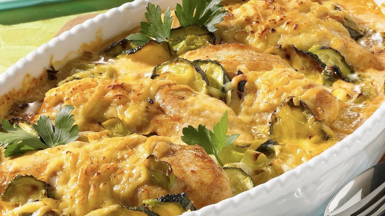 Ovale weiße Auflaufform mit goldbraun überbackenen ganzen Hähnchenbrustfilets, Zucchinischeiben, Lauchstücken und Petersilienblättern in heller Käsesoße