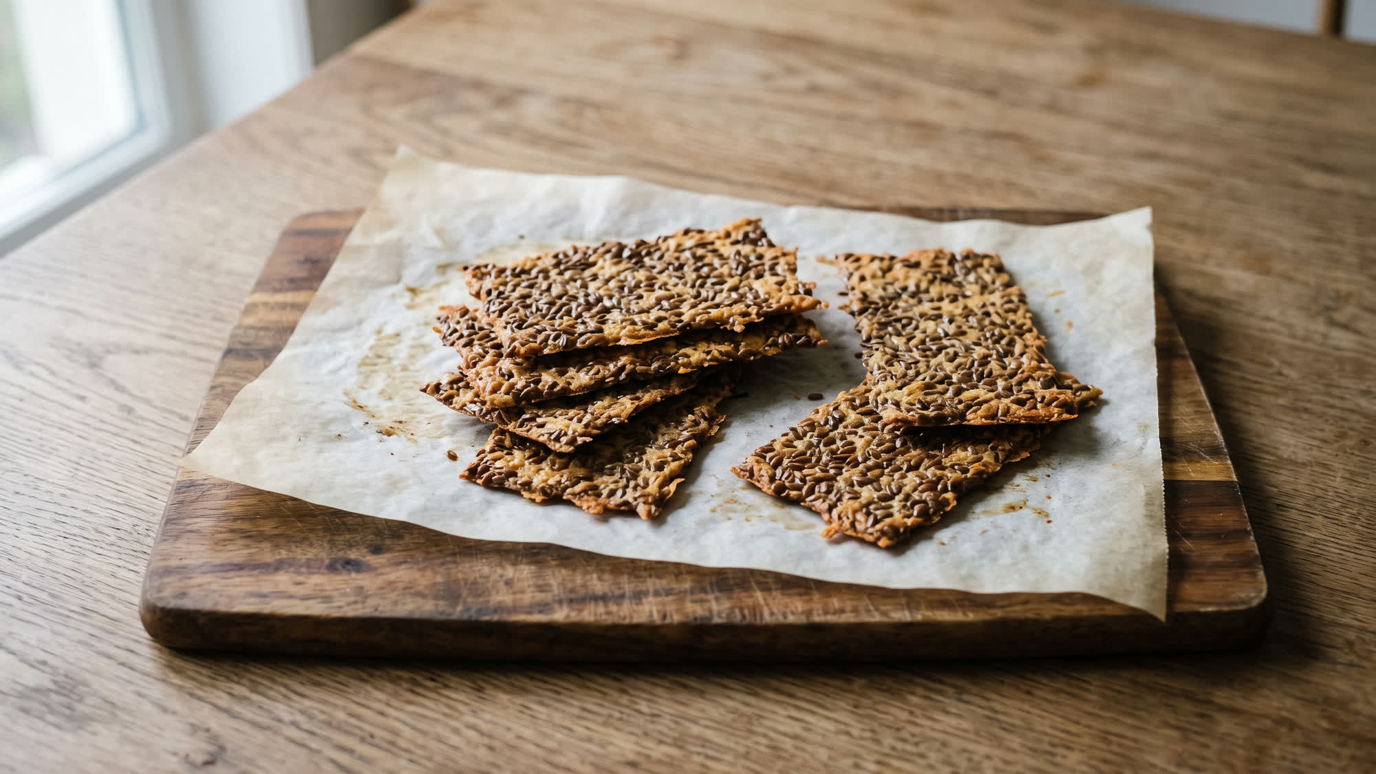 Mit KI erstelltes Bild: dünne Knäckebrotscheiben mit ganzen braunen Leinsamen und gebräunten Rändern, gestapelt auf Backpapier auf einem Holzbrett