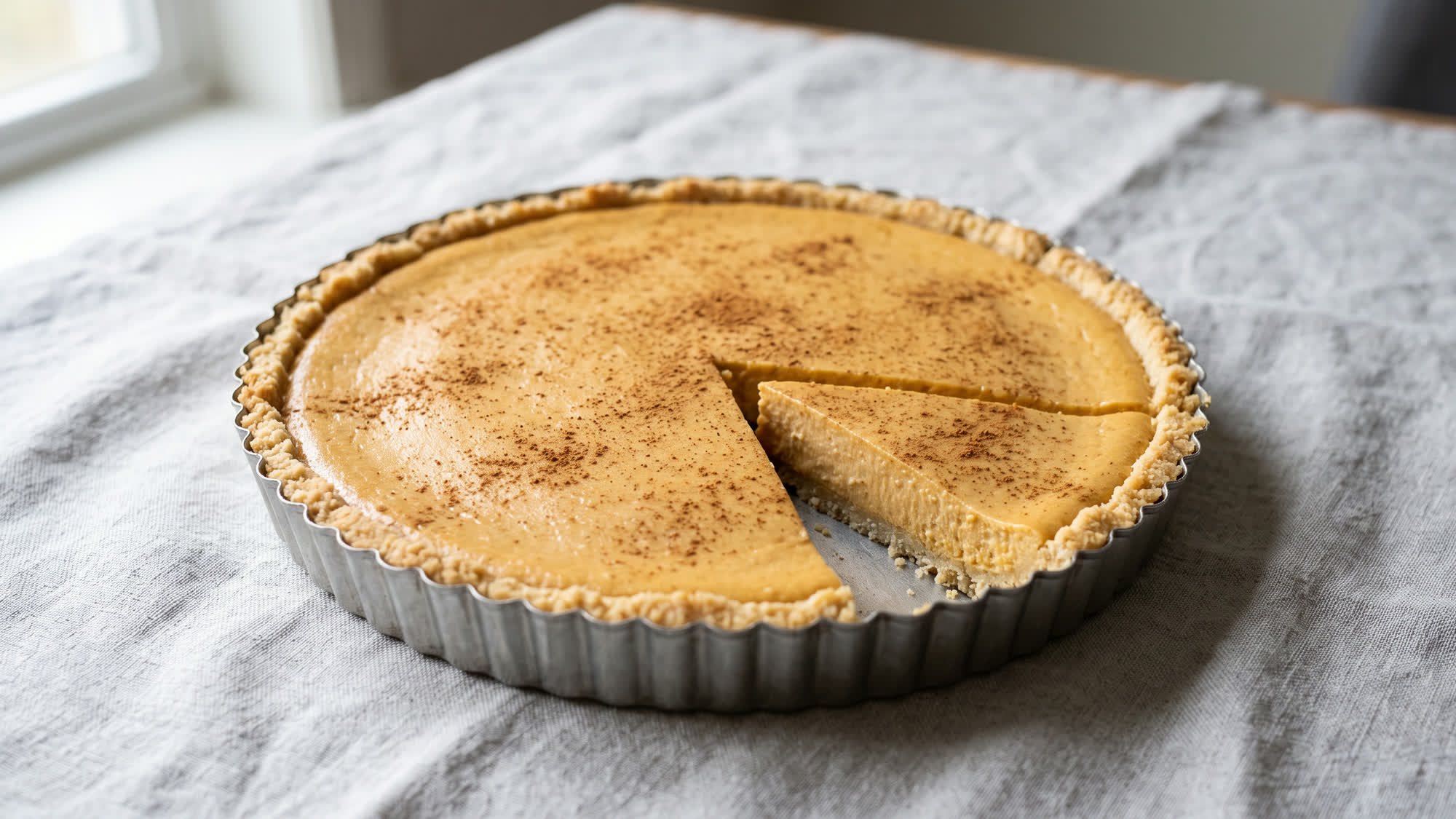 Kürbis-Cheesecake-Tarte in einer runden Tarteform aus Metall mit gewelltem Rand auf hellgrauem Leinen: hell orangefarbene, mit Zimt bestäubte Füllung auf hellem, krümeligem Boden, ein Stück angeschnitten und etwas herausgezogen
