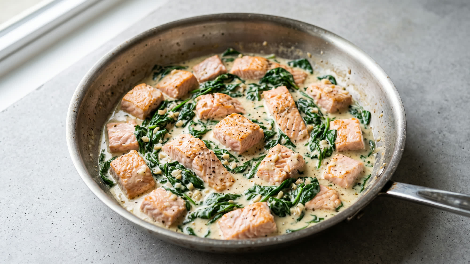 Große Pfanne mit angebratenen Lachswürfeln und Lachsstreifen in Babyspinat und heller Sahne-Parmesan-Soße, auf einer hellgrauen Arbeitsfläche