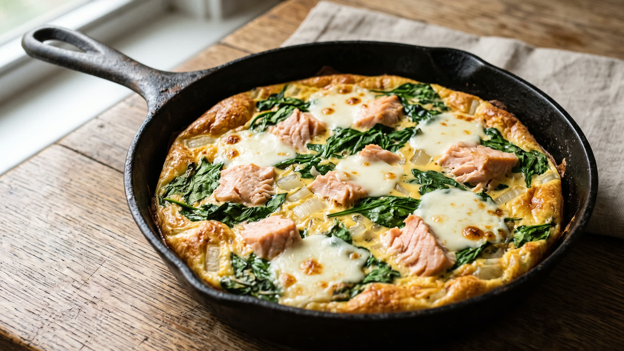 Im Ofen gebackenes Omelette in einer gusseisernen Pfanne, belegt mit Spinatblättern, Stücken von gegartem Lachs und geschmolzenem Mozzarella, dazwischen Zwiebelstückchen, auf einem Holztisch