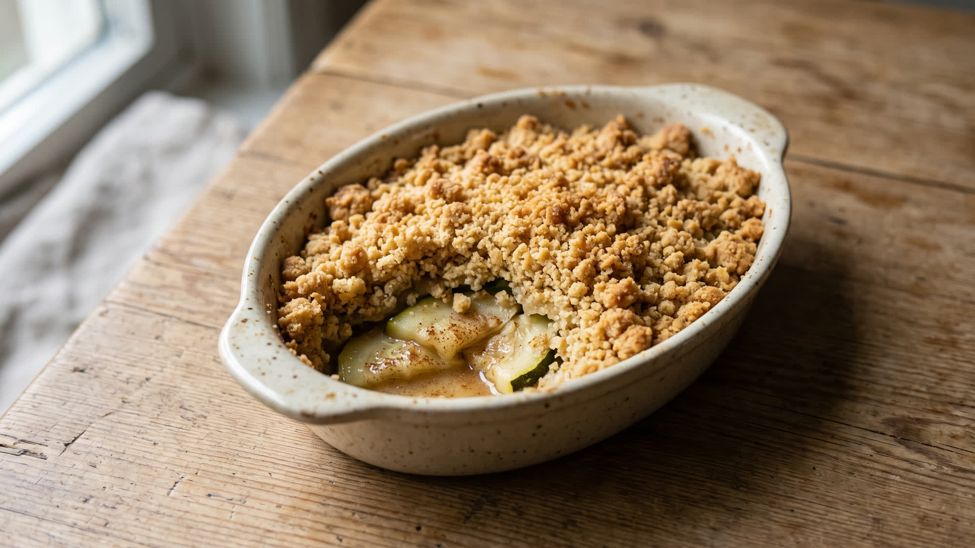Crumble mit goldbraunen Streuseln in einer ovalen, hellen Auflaufform mit Griffen auf einem Holztisch; an einer Stelle liegen unter den Streuseln Zucchinischeiben mit grüner Schale und Zimt frei