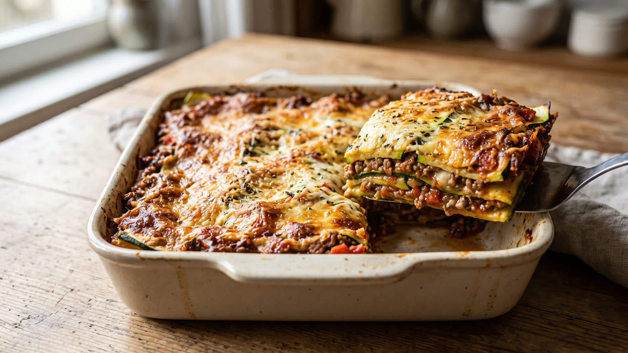 Helle rechteckige Auflaufform mit Zucchini-Lasagne unter goldbraun überbackener Käsekruste mit getrockneten Kräutern; ein Stück liegt angehoben auf einem Heber aus Metall und zeigt Schichten aus Zucchinistreifen und Hackfleisch-Tomatensoße mit Tomatenstückchen