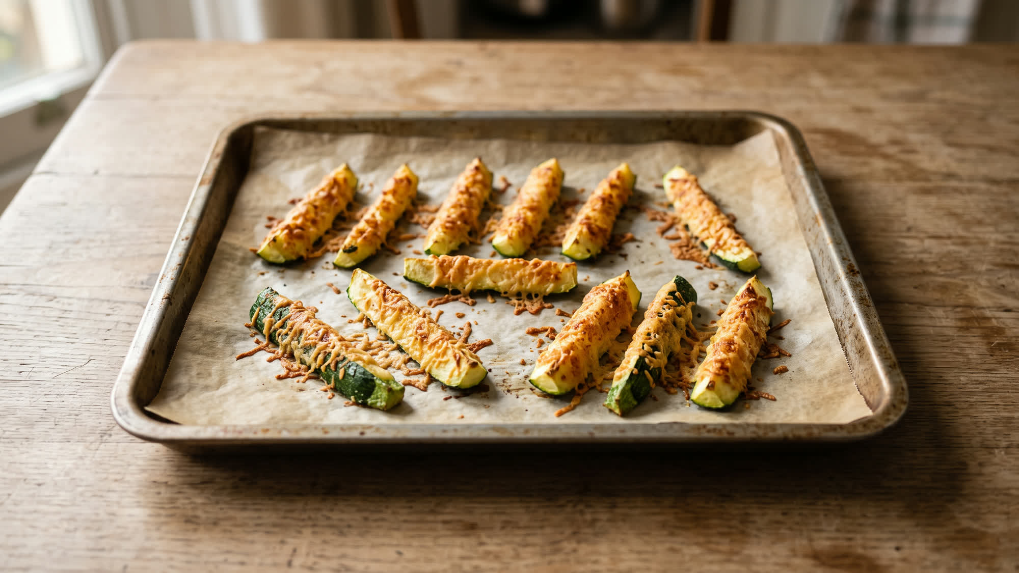 Mit KI erstelltes Bild: zwölf gebackene Zucchini-Sticks mit gebräunter Parmesankruste auf Backpapier in einem Backblech, dazwischen abgefallener Parmesan